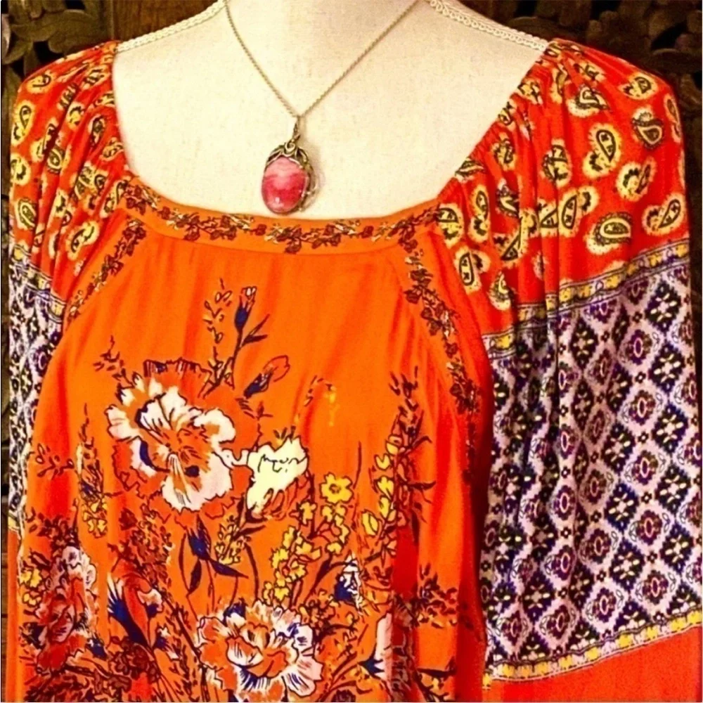 Free People Positano Orange Peasant Blouse Sz M NWT